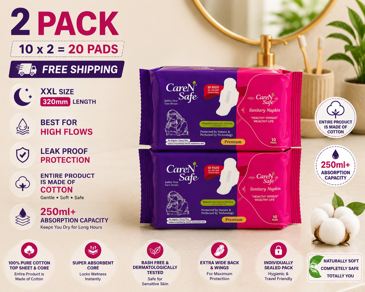CareNSafe Premium Cotton XL Sanitary Pads 320mm | 20 Pads | 2 Packs | Free Shipping